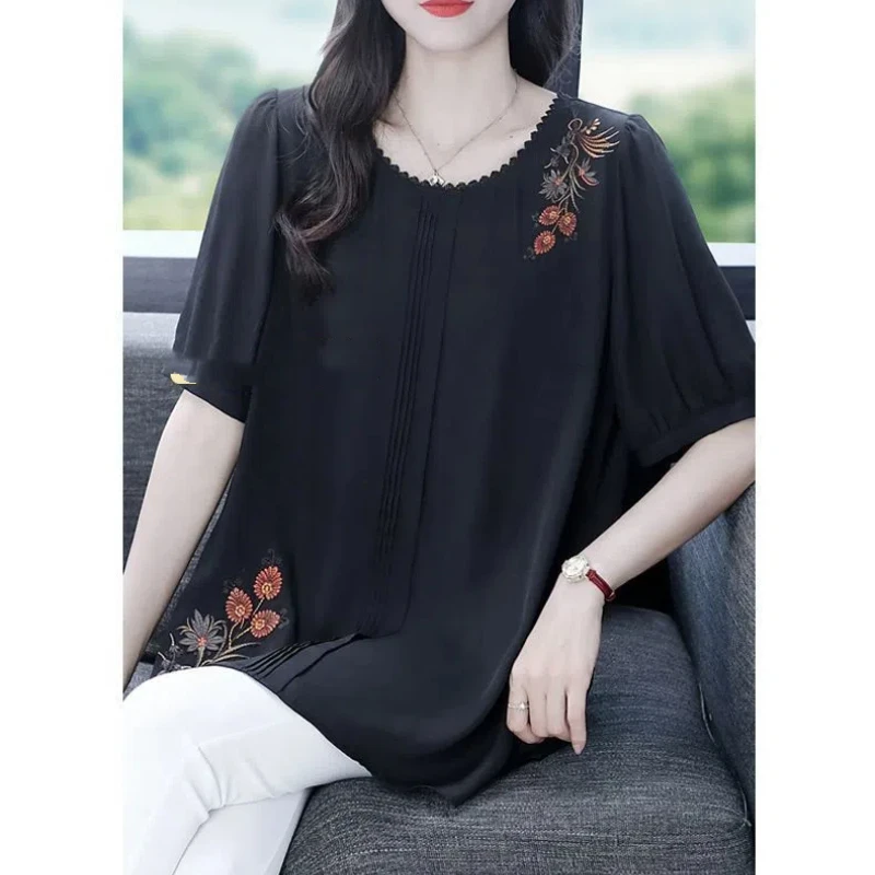 Temperament Summer Thin Style Women's O-Neck Embroidered Crimping Fashion Casual Loose Short Sleeve Mid-length Shirts Tops