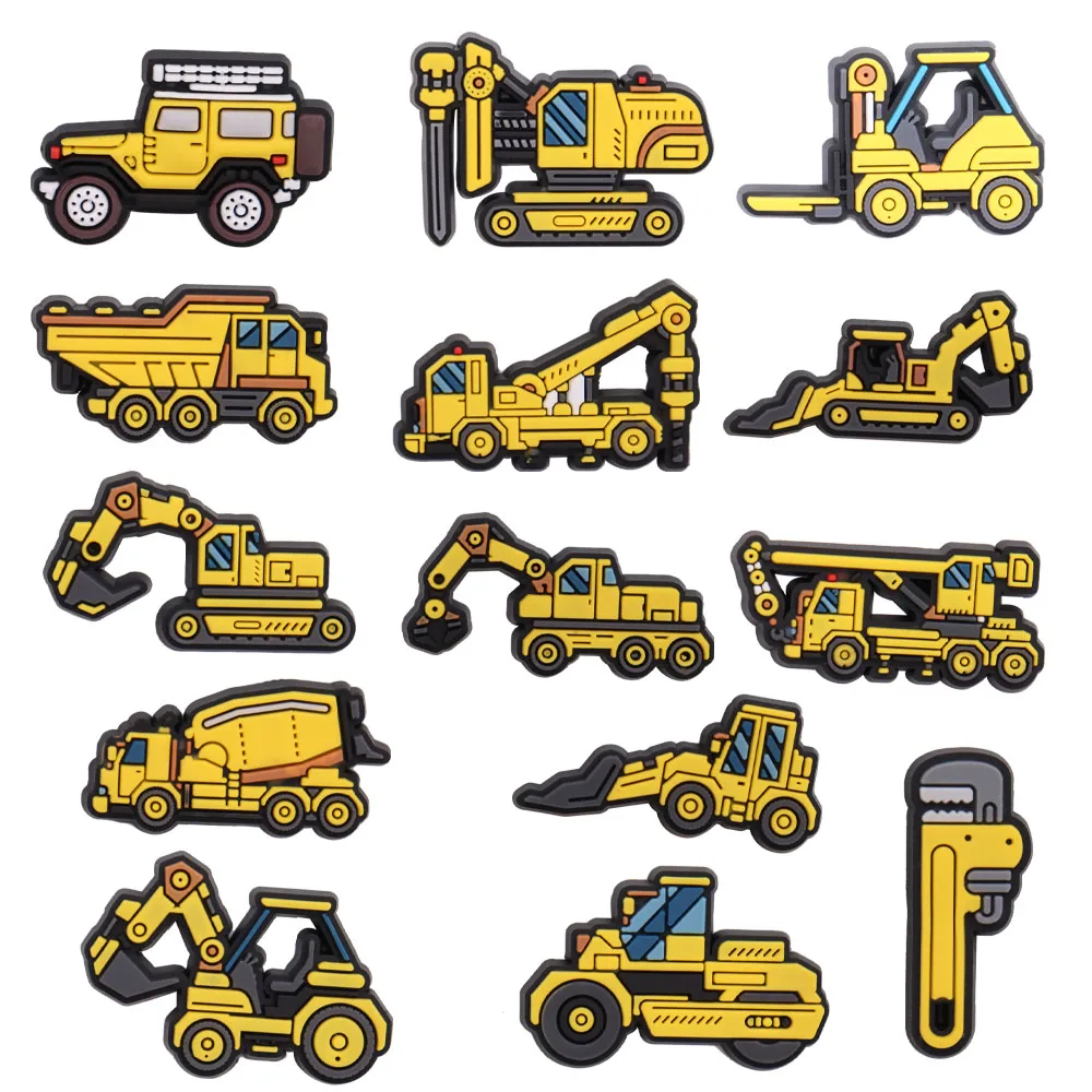 1-14Pcs Driver Car Engineering Vehicle Cartoon Excavator PVC Shoe Charms Accessories Slippers Decoration Fit Wristbands Gift