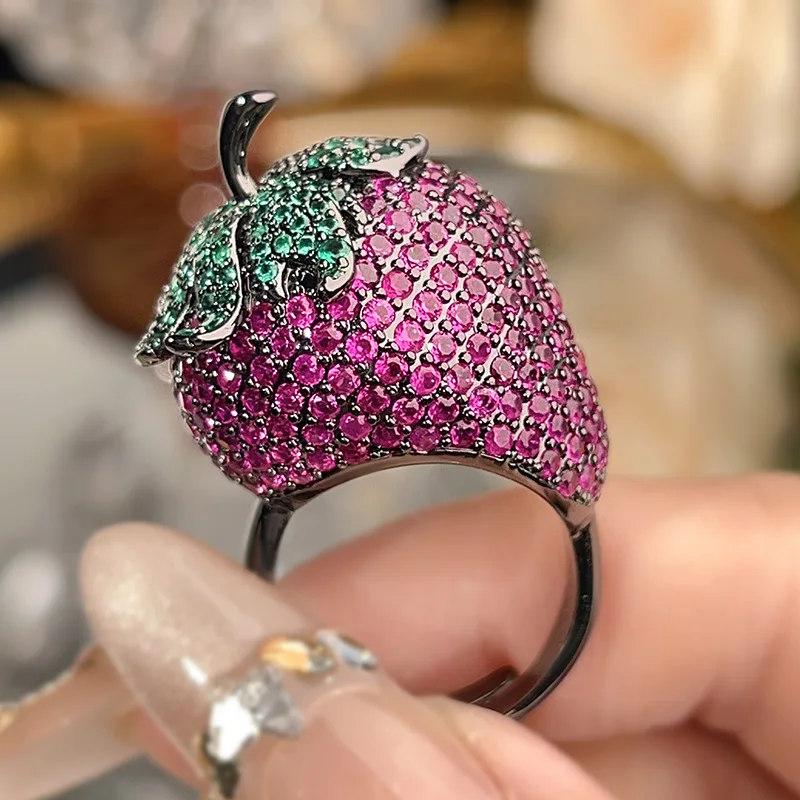 3D Strawberry Statement Ring Black‑Tone Metal Pink Green Cubic Zirconia Open Adjustable Ring Women Creative Fruit Party Jewelry