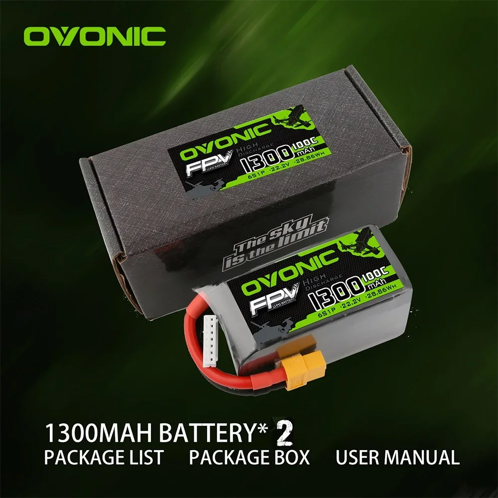 2 uds OVONIC FPV LIPO 6SP Lipo baterías 1300mAh Dron de carreras 100C 22,2 V XT60 FPV RC Quadcopter helicóptero UAV baterías de aviones