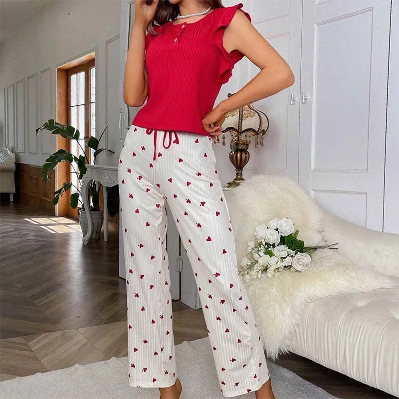 Loungewear da donna love printed pants ruffle edge casual pit strips può essere indossato al di fuori del pigiama europeo e americano