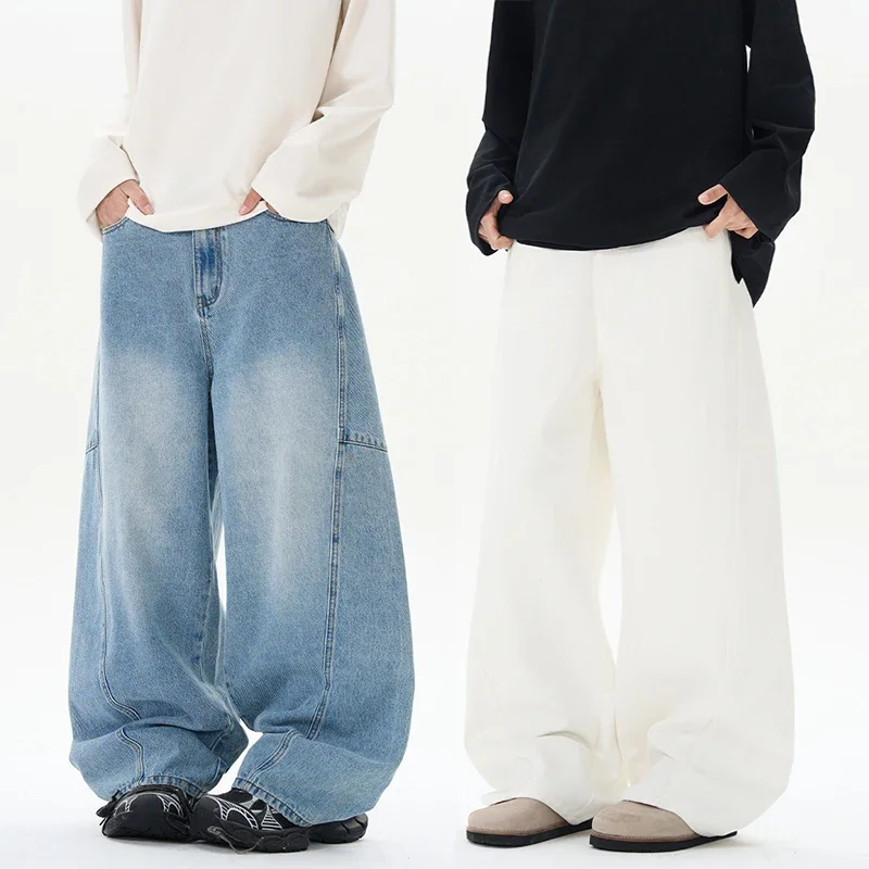 

100% Cotton Men's Autumn Jeans Loose Korean Fashion Straight Denim Pants Wide Personality Casual Trousers Male Streetwear