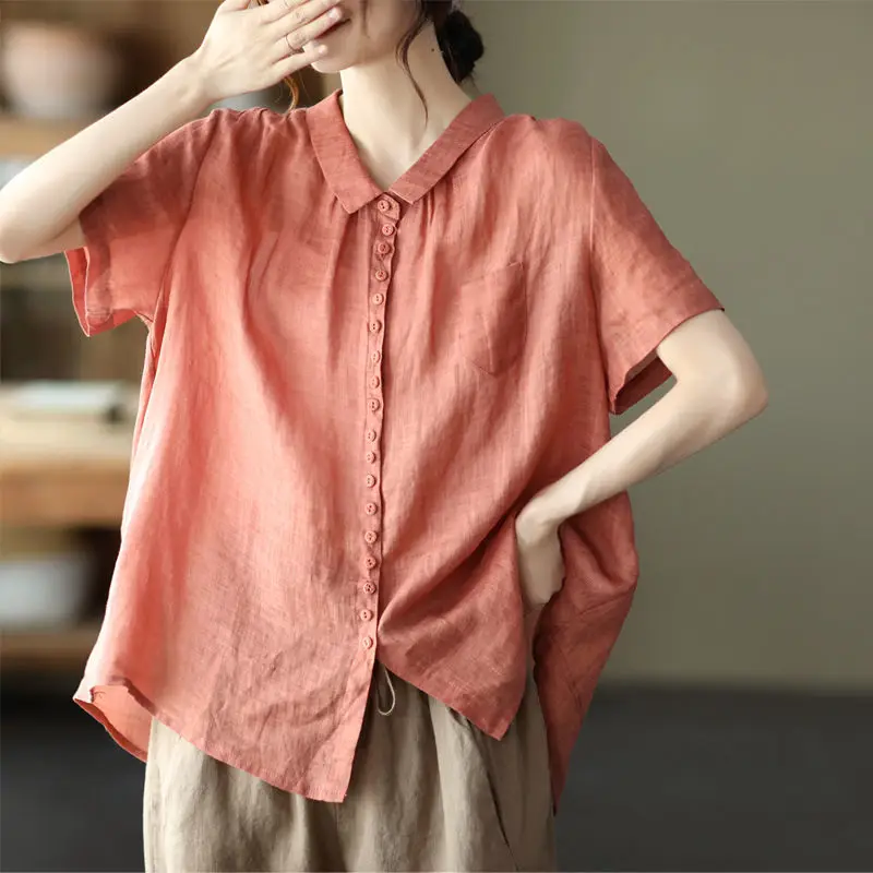 

Fashion Lapel Button Pockets Solid Color Casual Shirts Women's Clothing 2024 Summer Loose Korean Tops Short Sleeve Blouses