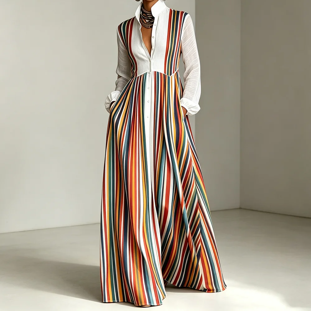 

Women's Colorful Striped Maxi Dress Fashion Long Sleeve Stand Collar Elegant Loose Dresses For Women With Pockets For Vacation