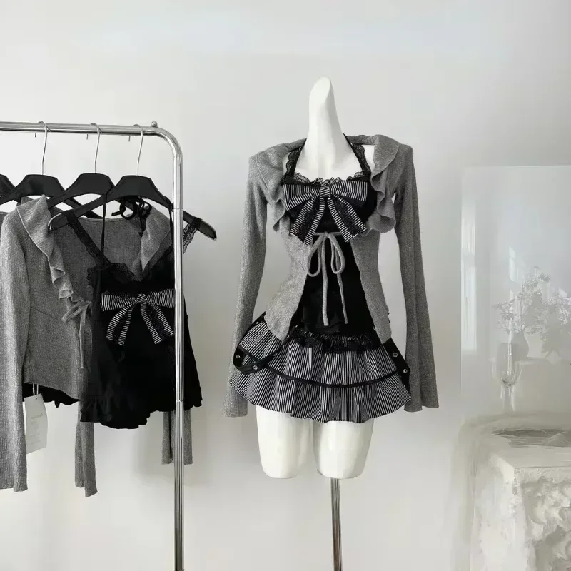 Herbst japanische süße Lolita Outfits 3-teiliges Set Frauen beiläufige Strickjacke + sexy dünne Spitze Weste Tops + hohe Taille Kuchenrock