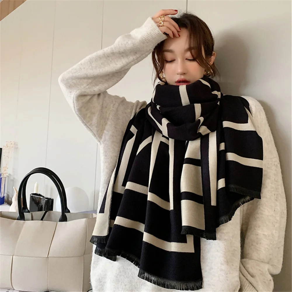 Maikun\'s New Winter Faux Cashmere Lettering Jacquard Scarf Women\'s Thick All-Match Neck Double-Sided Fashion Fringed Warm Shawl