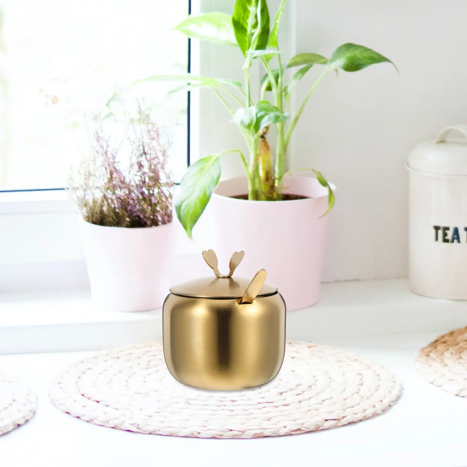 Stainless Steel Sugar Bowl with Lid and Spoon Seasoning Box Condiment Container Spice Jar Salt Holder Kitchen Storage Organizer