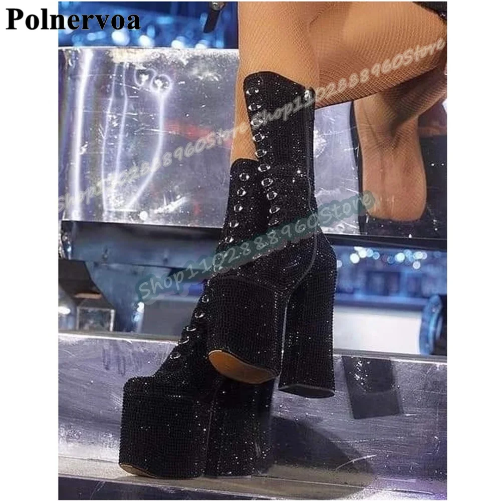 Bling Mid Calf Black Full Crystals Platform Boots Thick Heel Shoes For Women Side Zipper Round Toe Sparkling Luxury Party Boots