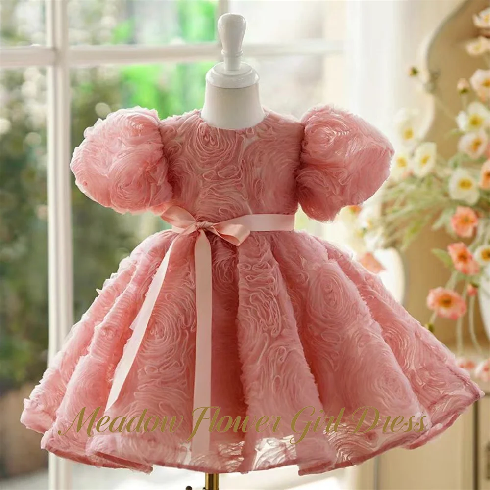 Meadow Dusty Pink Princess Girls Dress Round Neck Short Sleeve Ball Gown Party Tutu Dresses with 3D Floral Tutu Fluffy Prom Gown