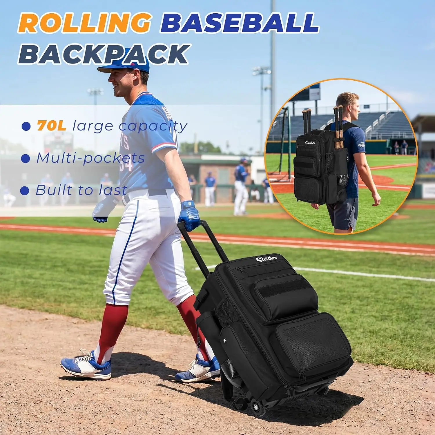 Rolling Wheels Baseball Backpack 70L Bag