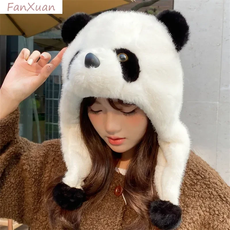 Cute Cartoon Panda Winter Hats with Earflaps for Women Plush Thickened Winter Cap Female