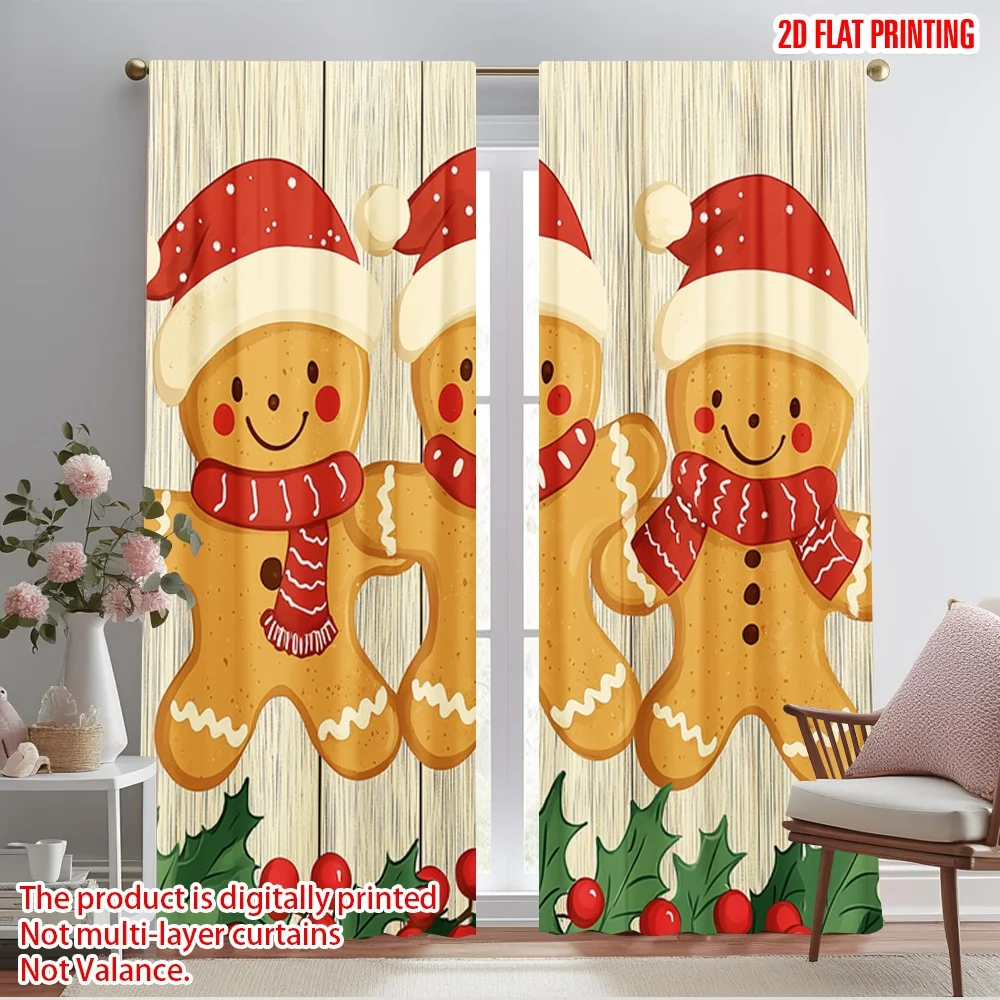 2pcs,2D plane printing Light Filtering Curtains Gingerbread Friends Christmas Holly (2) 100% Polyester (without rod) Festive for