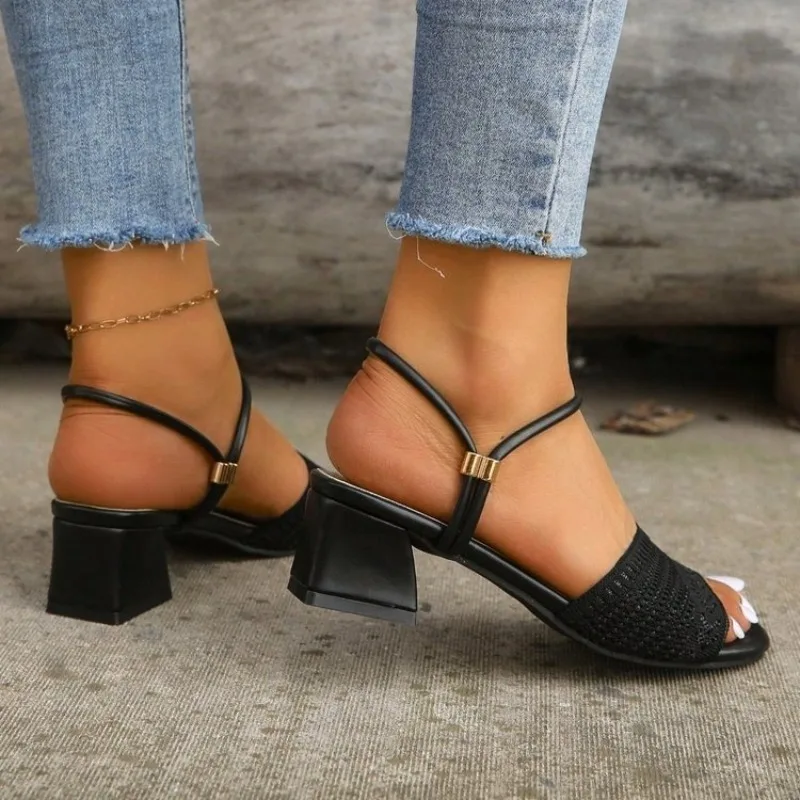 Women's Sandals Block Heel Open Toe Woven Look Front Band Convertible Slingback Slip on Slide Casual Summer Everyday Footwear