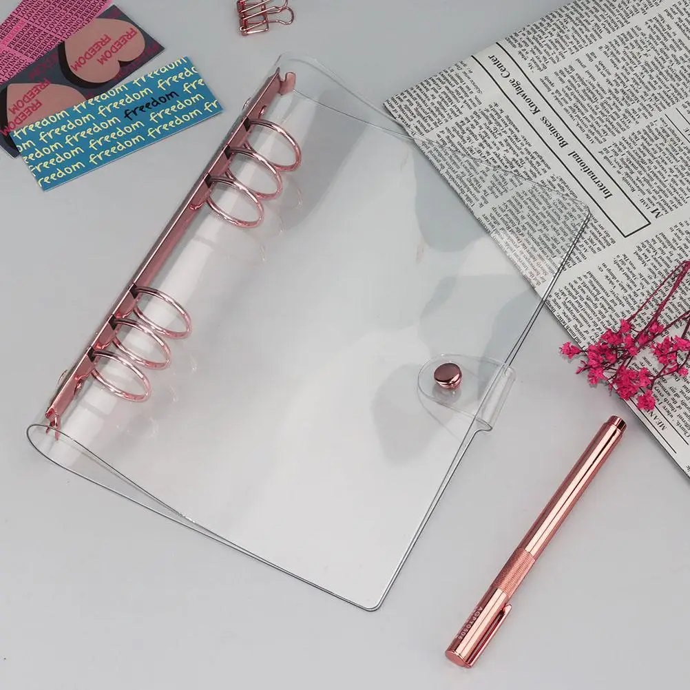 Rose Gold Loose leaf Binder Clear Notebook Cover A5 Size PVC Protective Case Practical Travel Student Use