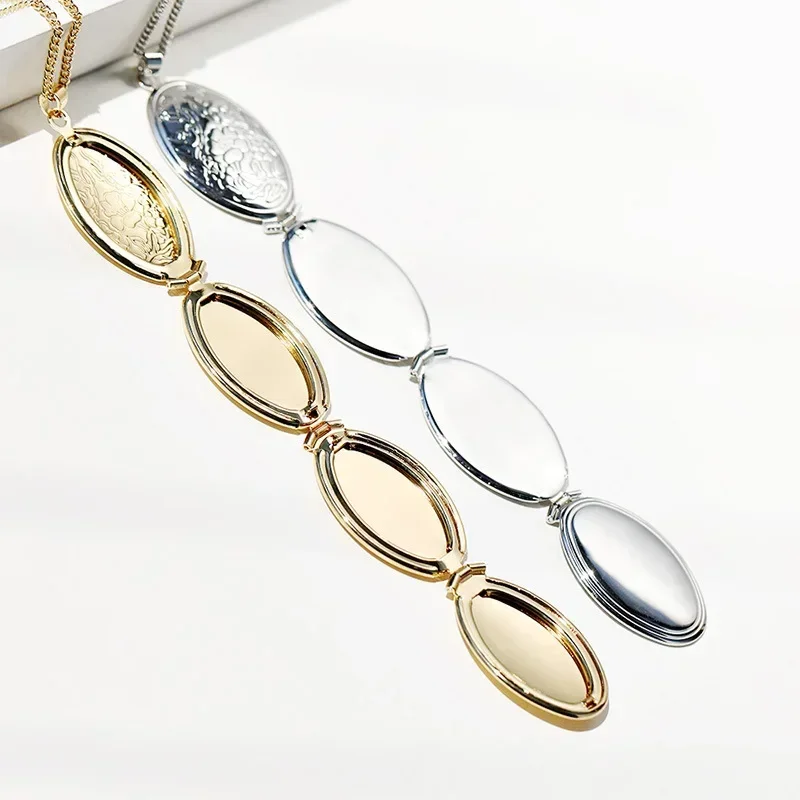 Gold Silver Color  Carved Hollow Oval Pendant Multi-Layer Folding Women Necklace Openable Photo Frame Family Love Jewelry