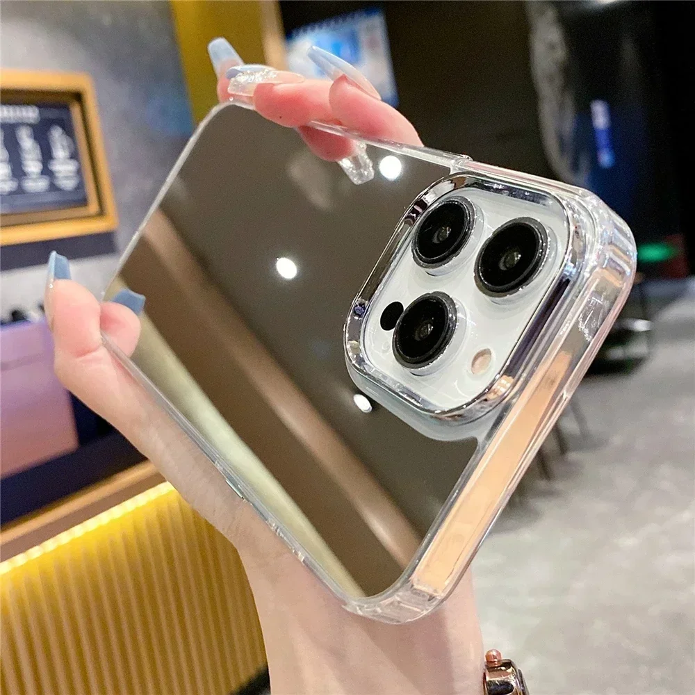 เคสโทรศัพท์กระจกแต่งหน้าชุบหรูหราสำหรับ iPhone 11 12 13 14 15 PRO MAX MINI XR XS 8 7plus SE ฝาครอบอะคริลิคแข็งกันกระแทก