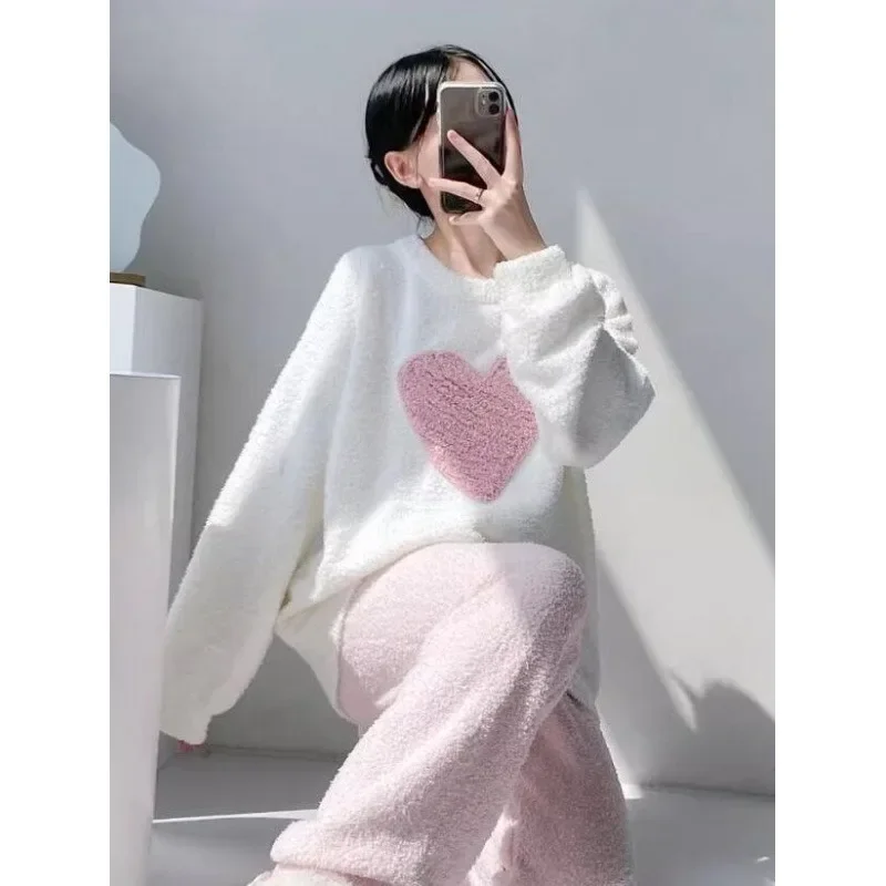 Warm Sleepwear for Winter Heart Print Flannel Pajamas Women Winter Thickened Velvet Plus Size Loungewear Set Girl Nightwear