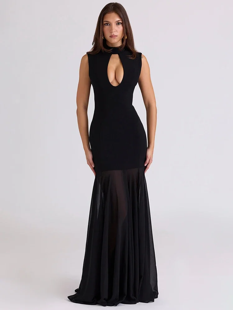 

Hollow Out Sleeveless Sexy Maxi Dress Women Gown Elegant Half High Collar High Waist Bodycon Club Party Long Dresses