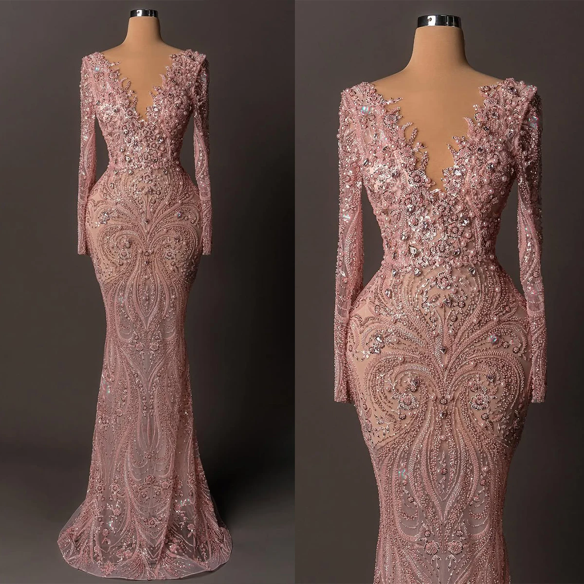 

Gorgeous Evening Dresses Pearls Beading Prom Dress Crystal Sequins Customized Mermaid Illusion Party Gowns Vestidos De Noche