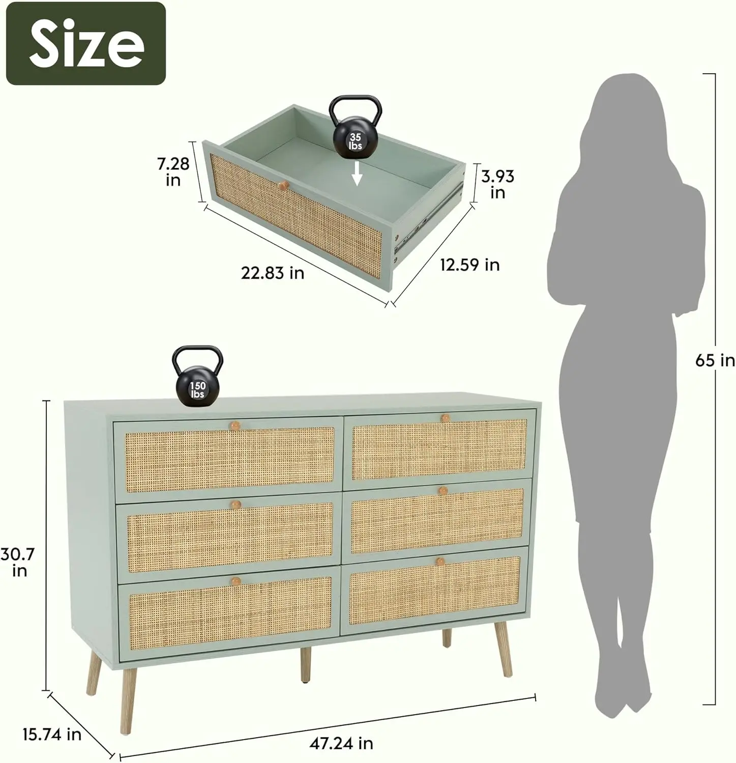 Commode moderne du milieu du siècle avec rotin naturel tissé à la main, commode vintage Boho 6 MELDouble vert avec pieds en bois, Sto en bois