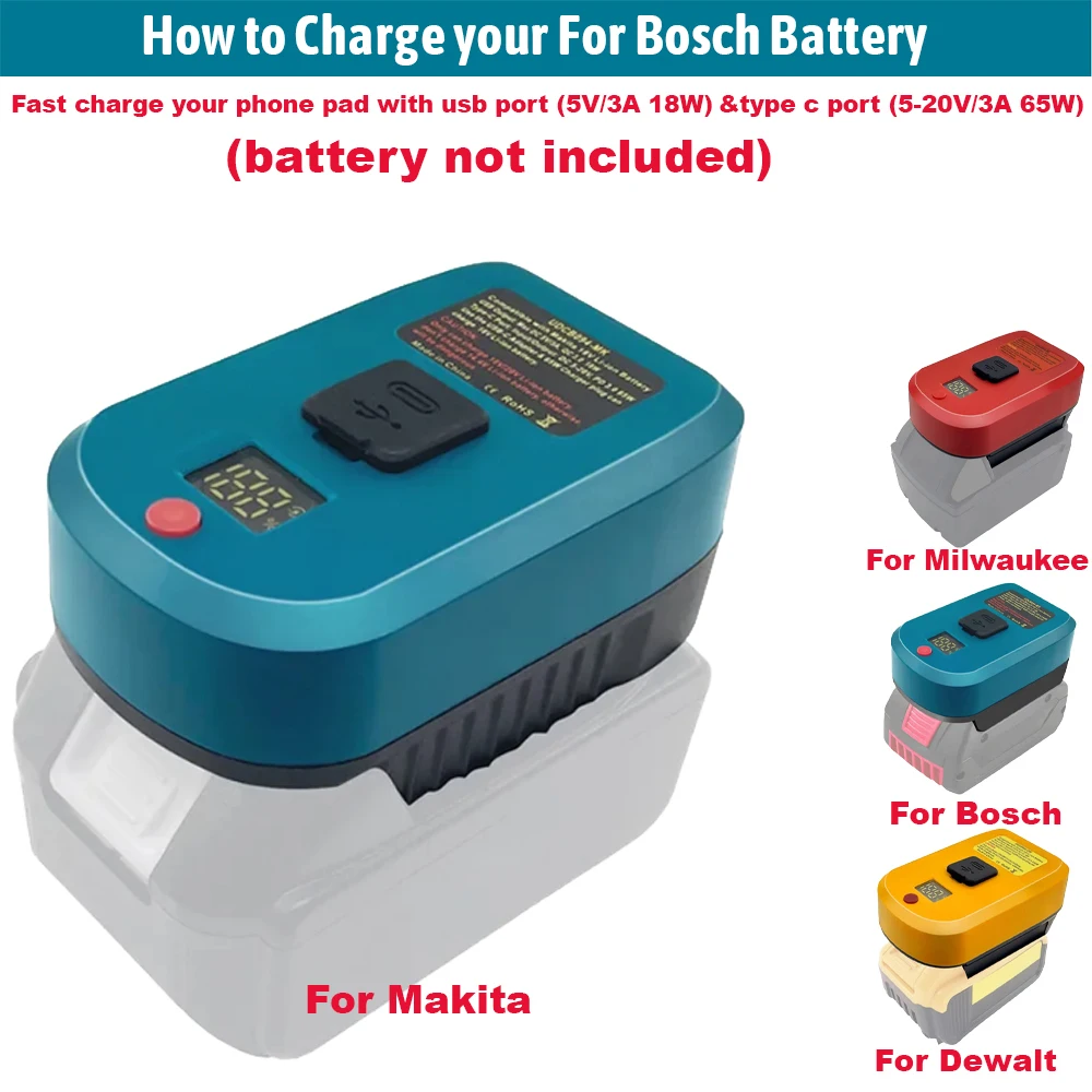 

Battery Adapter Fast Charger For Makita/ Dewalt /Milwaukee/Bosch 18V 20V Battery USB Type-C