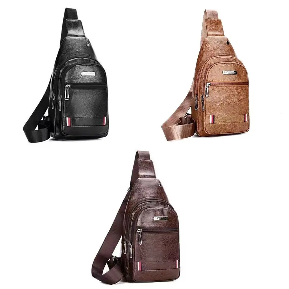 

Casual PU Leather Men Messenger Bags Black Brown Coffee Earphone Port Sling Chest Bag Shoulder Bag Male