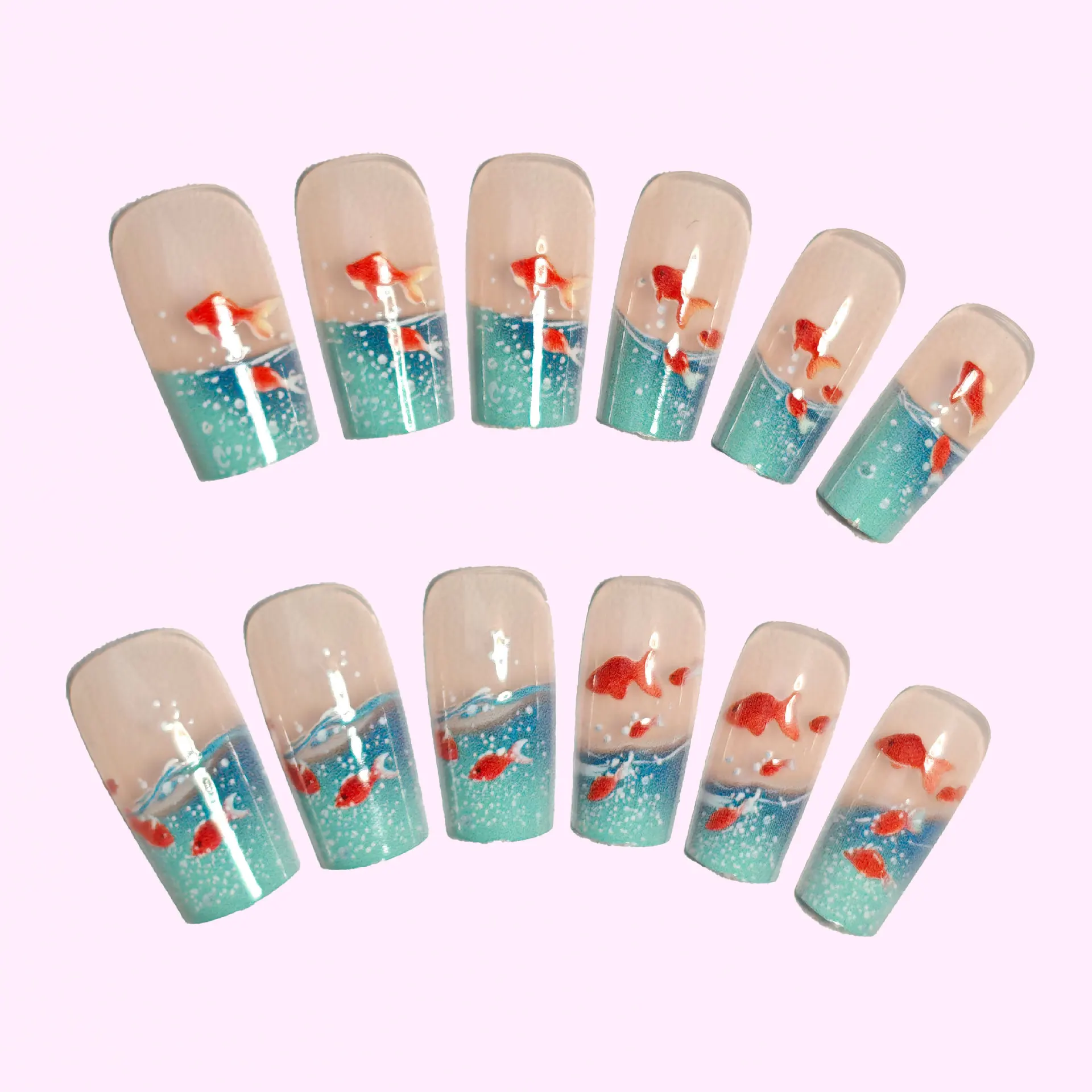 Medium long Square fake nails for women Summer blue water fish in yellow red colors full cover press on acrylic false nail art - view 3
