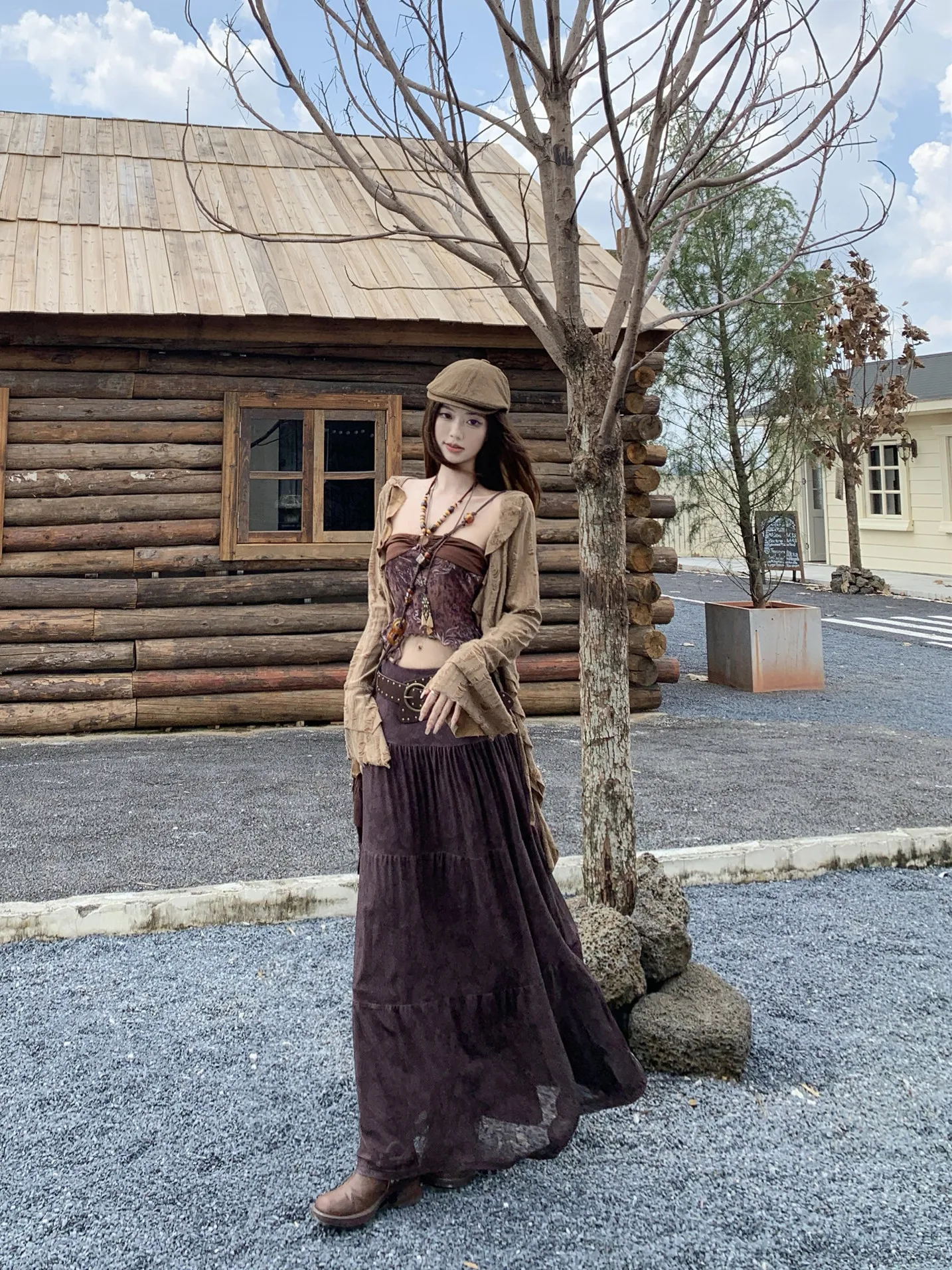 Retro Kumikumi Three-Piece Set Women's Long Sleeve Open Cardigan High Waist  Skirt Hole Design Layering Autumn Fashion