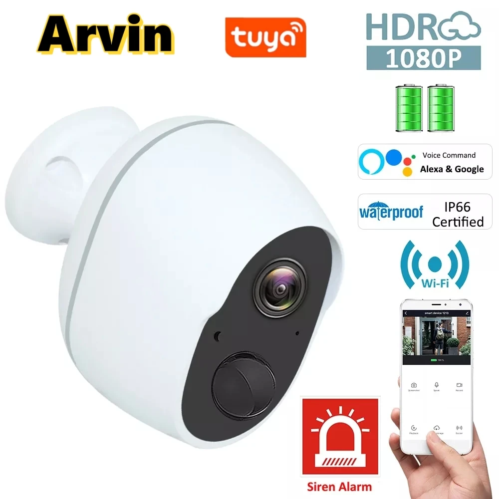 

Tuya Smart Life 5200mAh Rechargeable Battery IP65 Outdoor Wireless WIFI 1080P IP Surveillance Siren Battery Camera Alexa Google