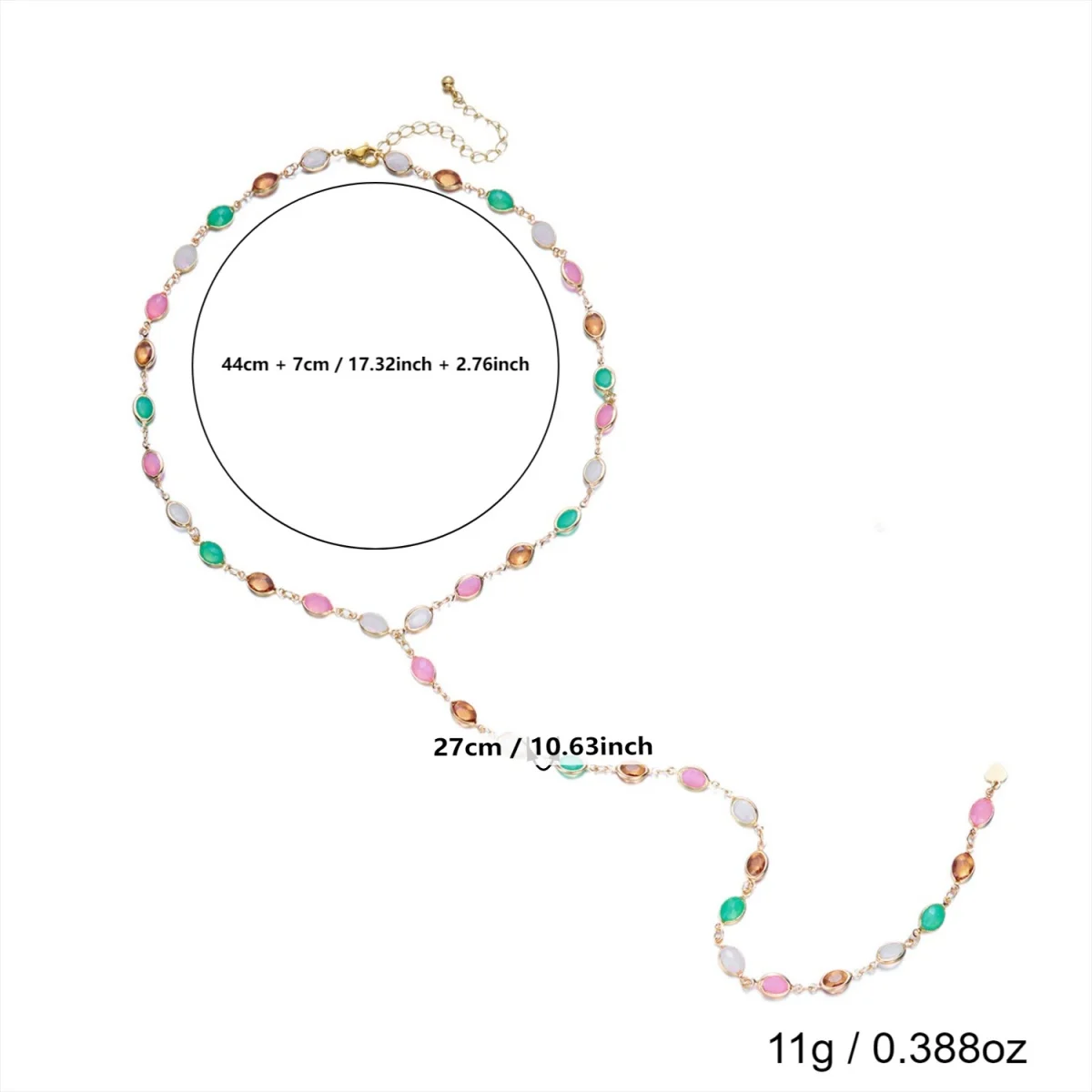 Buntes ovales Harz-Splice-Y-Drop-Halsketten- und Fingerarmband-Set für Frauen, eleganter Vintage-Geometrischer Langer Quasten-Choker-Schmuck – Detail 37