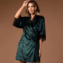 HiLoc Knit Pajama Velvet Robes Women Sleepwear Lace Splicing Nightie Bathrobe Female Nightgown Half Sleeve Nightwear 2024 Robe