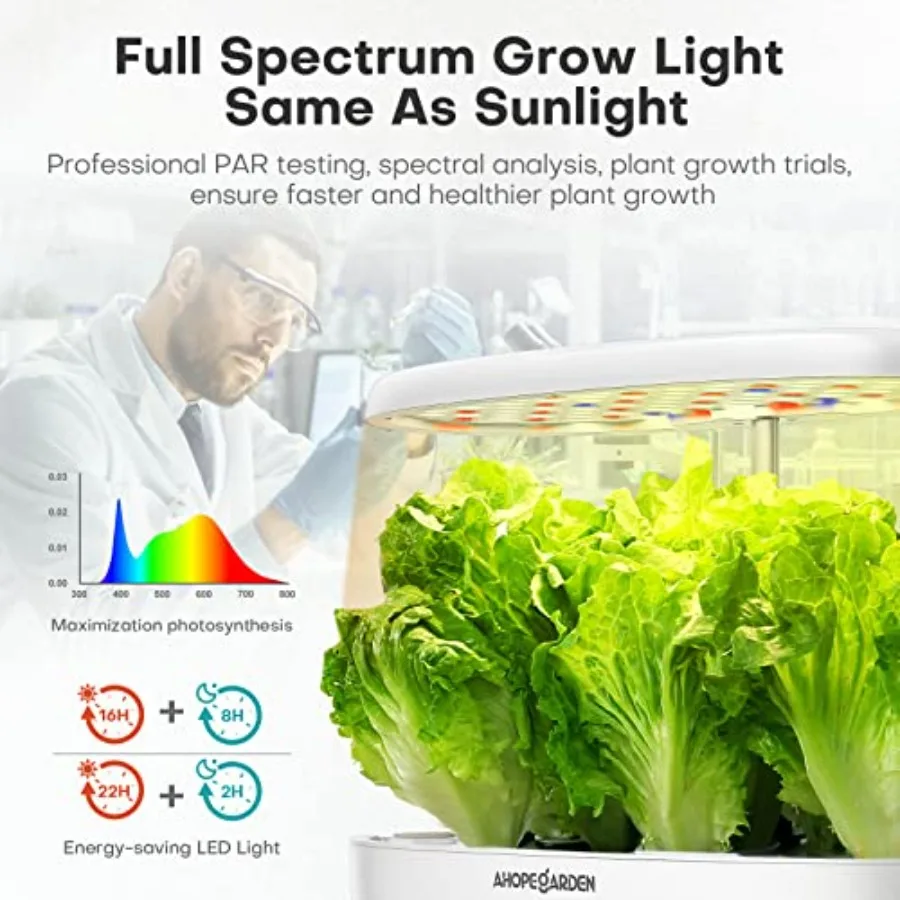 Indoor garden hydroponics growing system: 12-pod herb germination kit with white LED grow light, ABS plastic, countertop vegeta
