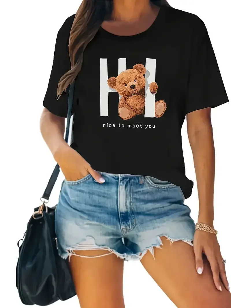 

Y2k Short Sleeves Summer Loose T-shirt Little Bear Printed Tops Cute Cartoon Printed Harajuk Fashion Casual Retro Women's Tee