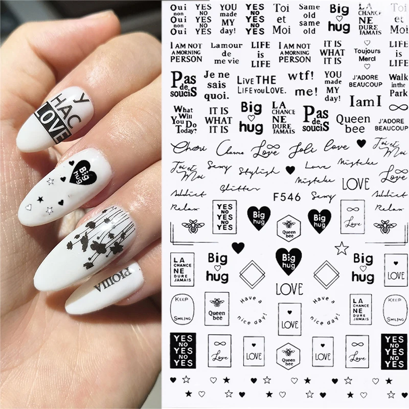 Zwart Wit Maple Leaf Nail Stickers Geometrische Lijnen 3D Stickers Nail Onderdelen Bloemen Feather Nail Decals Nail Sliders