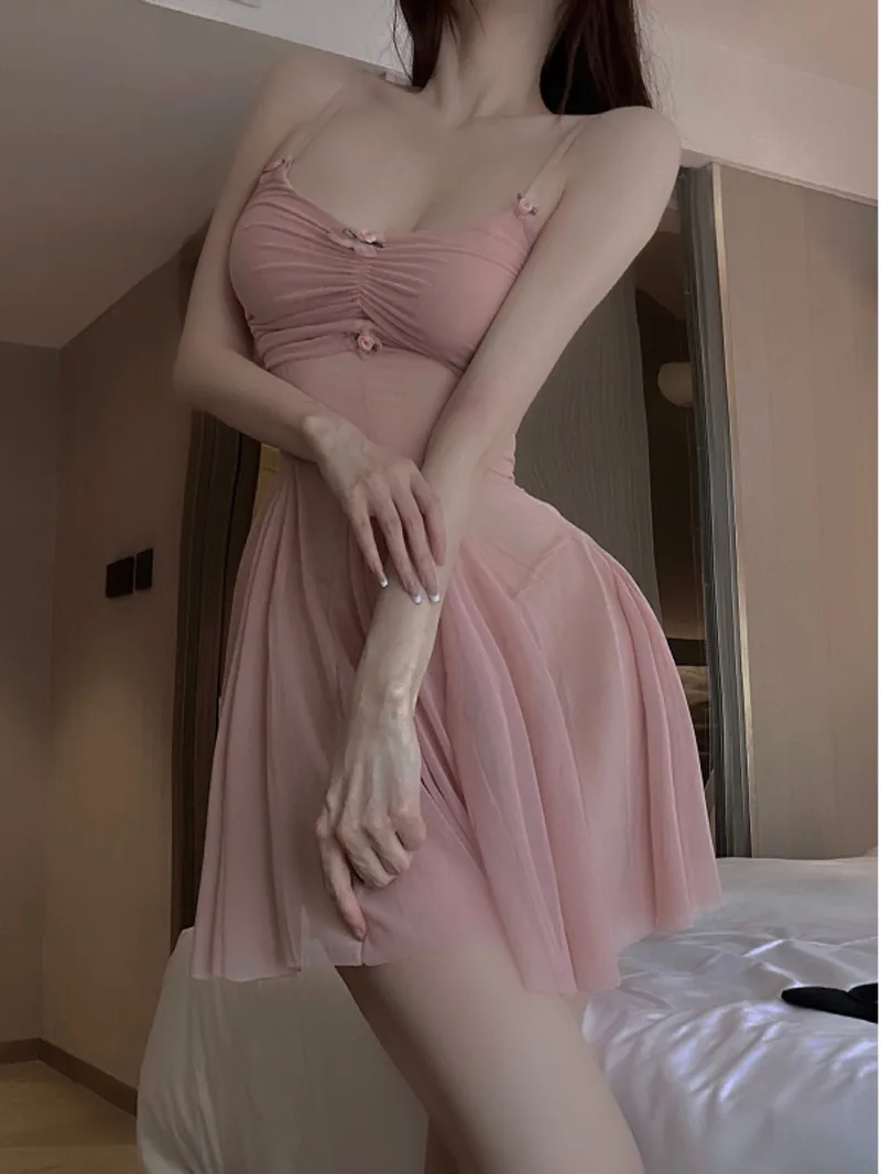 

sweet flower Gentle korean Style transparent Show Chest thin Mesh Sexy Hanging Strap mini dress elegant hot sexy 2023 T21K