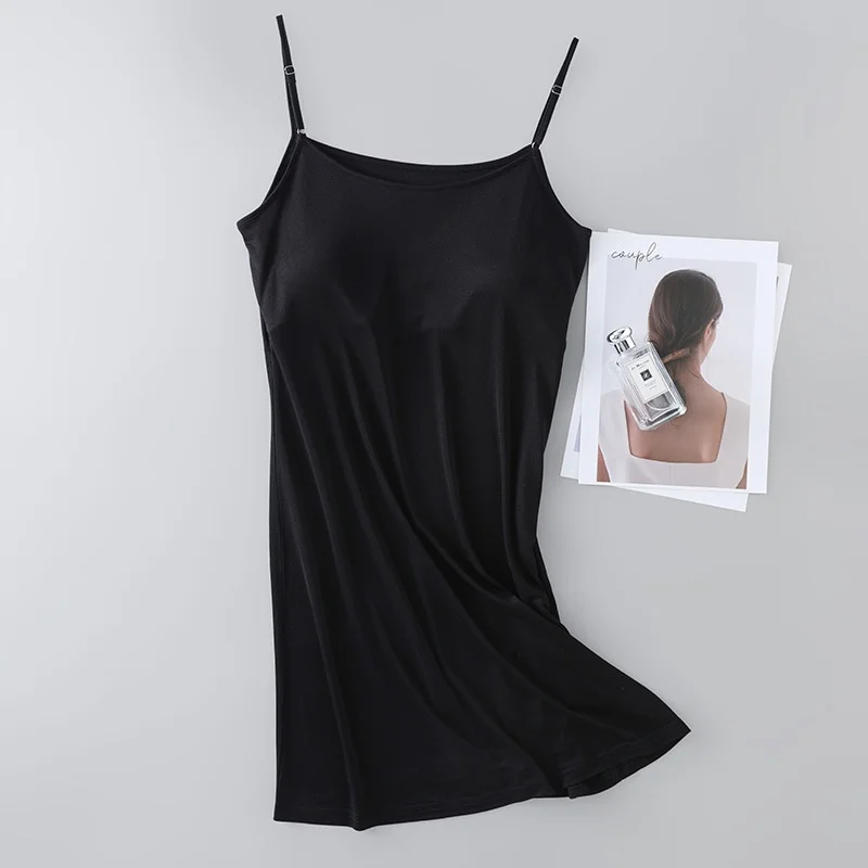 Birdtree, 100% Real Silk Sling Dress, Women Mid Length Removable Chest Pad Skirts, Sexy Homewear Dress Tank Top Skirt D62114JF