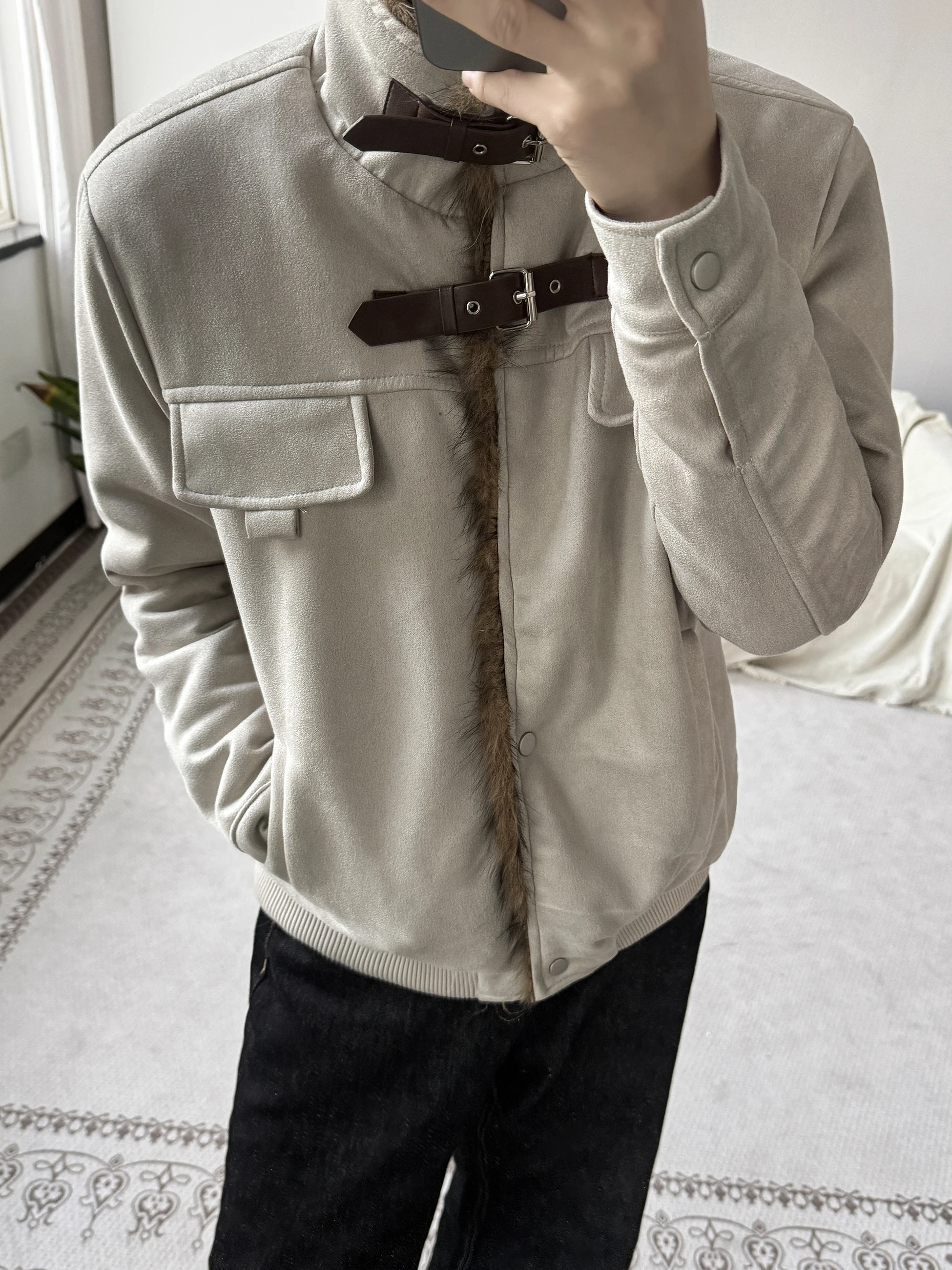 

FANGWANG American Sle Suede Cotton Jaet Thiened Loose M Outerwear with Fur Collar Button Decoration Warmth Youth Fas...
