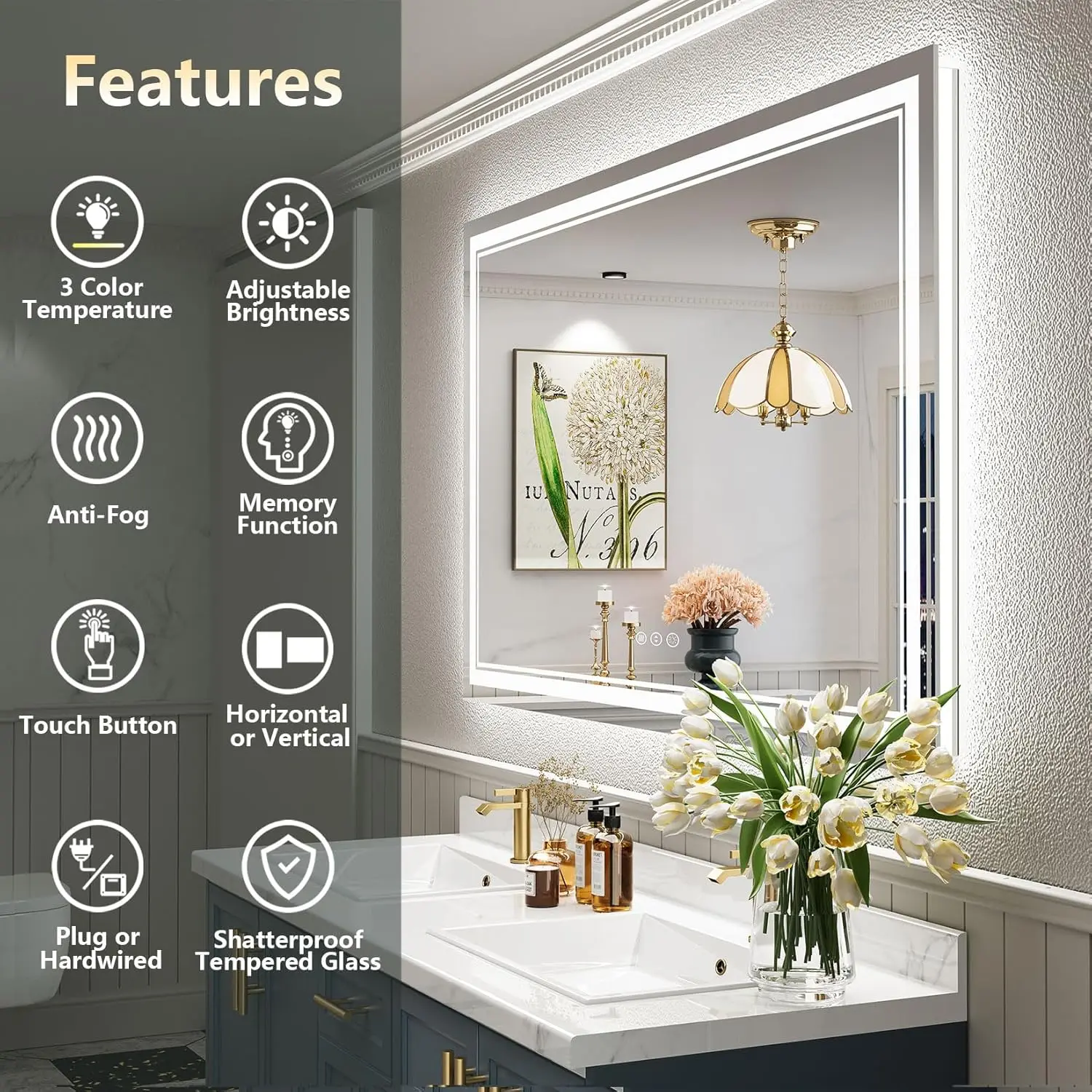 LED Mirror for Bathroom 60x36, Front and Backlit Bathroom Mirror