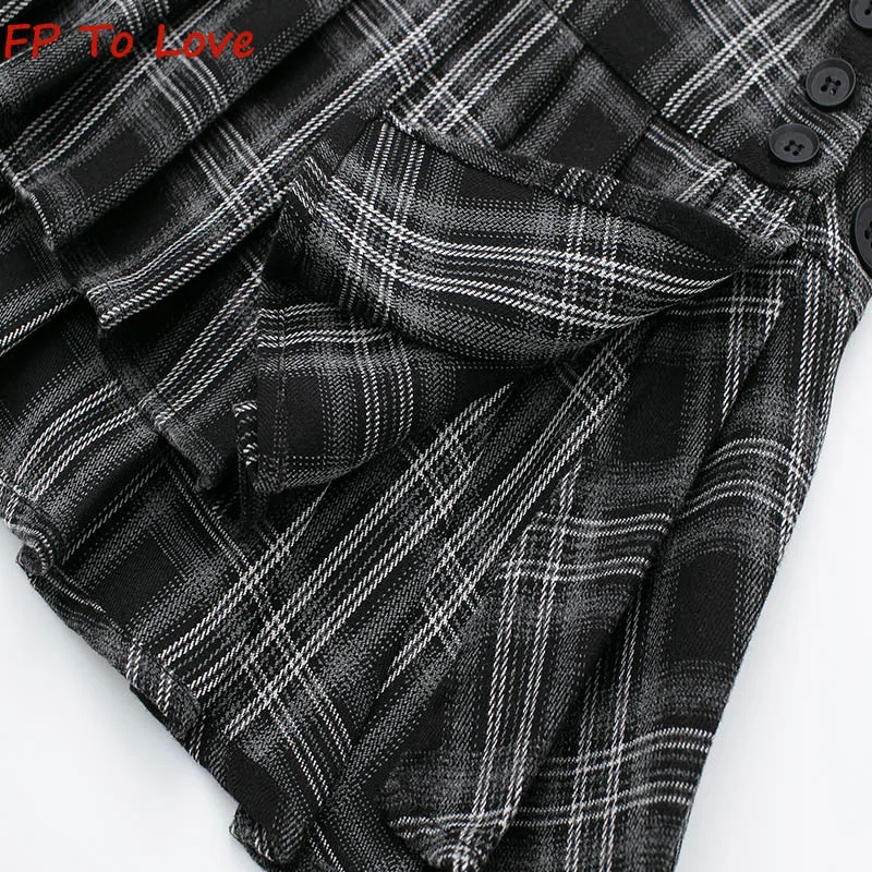 Y2K Plaid Vintage College Style High Waist A-Line Pleated Skirt Spice Girls Side Button Embellished Mini Skirt