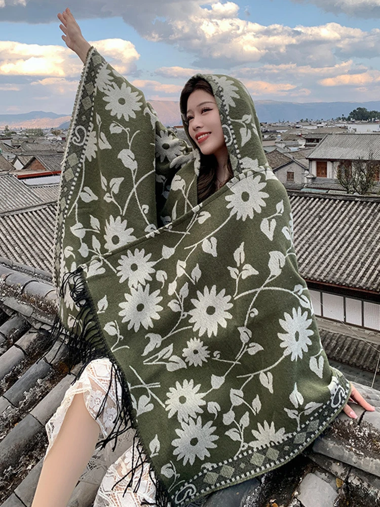 New 2024 Knitted Women Scarf Winter Vintage Floral Hooded Poncho Female Wrap Blanket Capas Para Mujer Chales Pashmina Shawl Boho