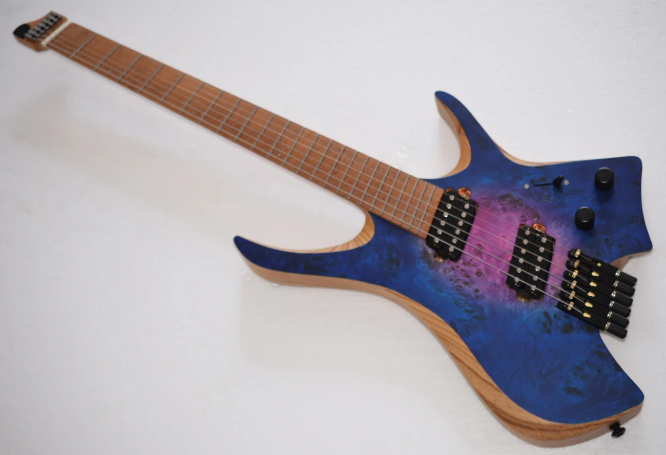 

2024 NKGuitar Fanned frets 6 Strings Headless Electric Guitar Blue+pink Roasted birdseye maple fretboard HH pickups Poplar Burl