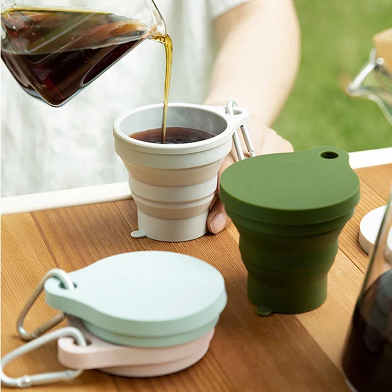 Tasse pliante en Silicone, tasse à thé Portable de Camping avec couvercle porte-clés, café de voyage en plein air, tasse rétractable pliable, tasse mignonne