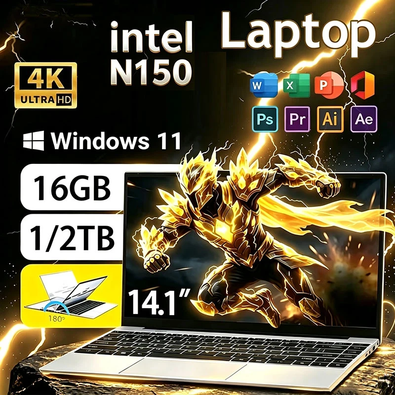 New 14.1' Laptop Intel Core N150 16GB 32GB 2TB Gaming PC Ultra Slim Office Study Computer PC Windows 11 Pro 1920*1080 HD