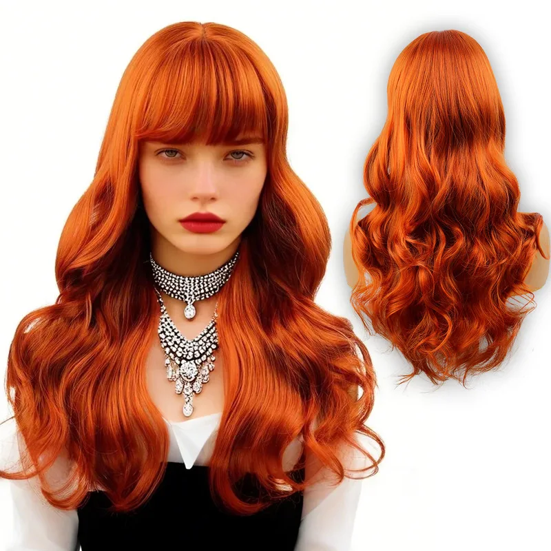 Long wavy hair bangs, women's synthetic orange full wig with big waves