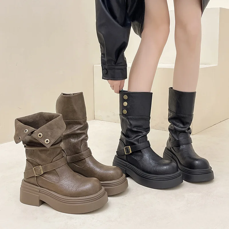 

Chunky Heel Thick-Soled Mid Calf Boots Women's Autumn Winter English Style Retro Design Forward Foldable Leather