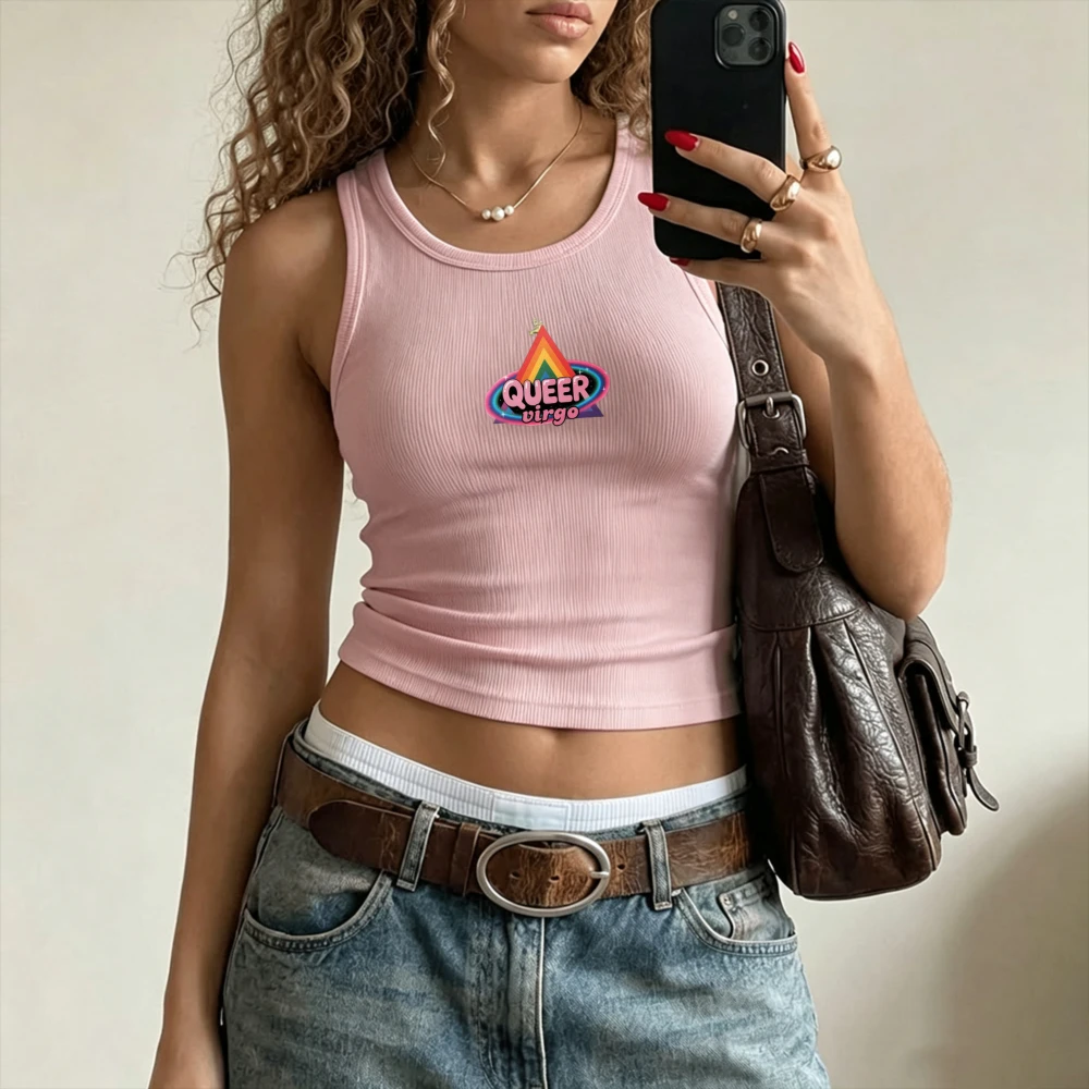 Rainbow Triangle Queer Colorful Logo Slogan Camisole Ribbed Tank Top Crop Y2k Top Women Slim U Neck Sleeveless Cropped Vest Tees
