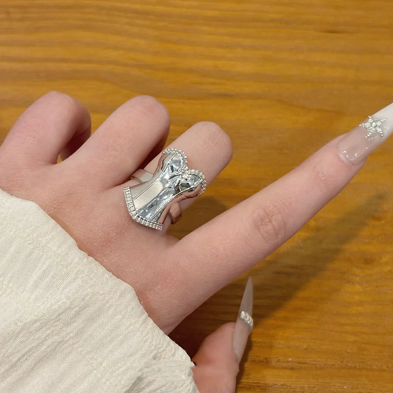 Vintage Silver Corset Shaped Ring for Women Gothic Style Bow Zircon Exaggerated Ring, Party Jewelry Gift Hollow Out Holiday Ring
