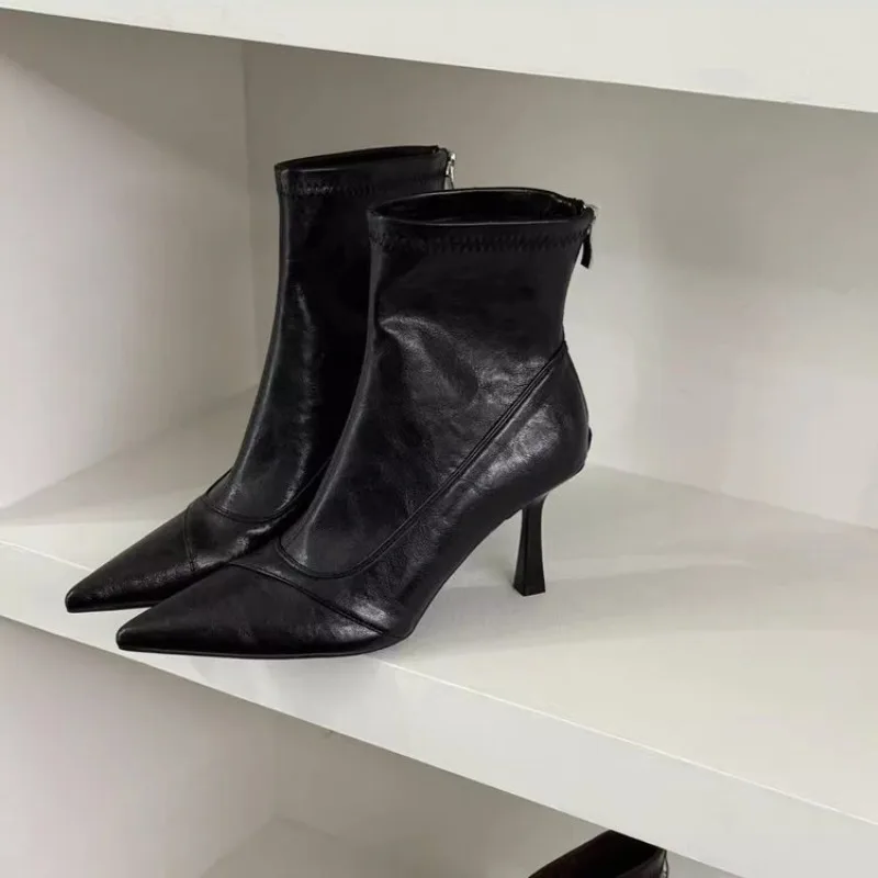 أحذية للنساء عالية الكعب أحذية جلدية قصيرة جديدة الإناث وأشار كعب رقيقة أحذية السيدات حذاء من الجلد بوتاس دي موهير 2026 #3