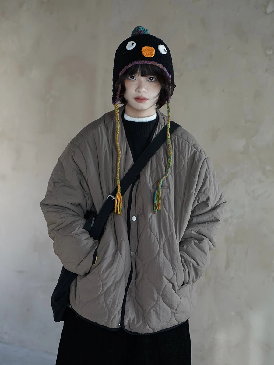 

Warm Cotton Jaet Loose ex Nel Winter Coat Street Sle Thiened Long Sve Single Button Closure Nylon Fabric