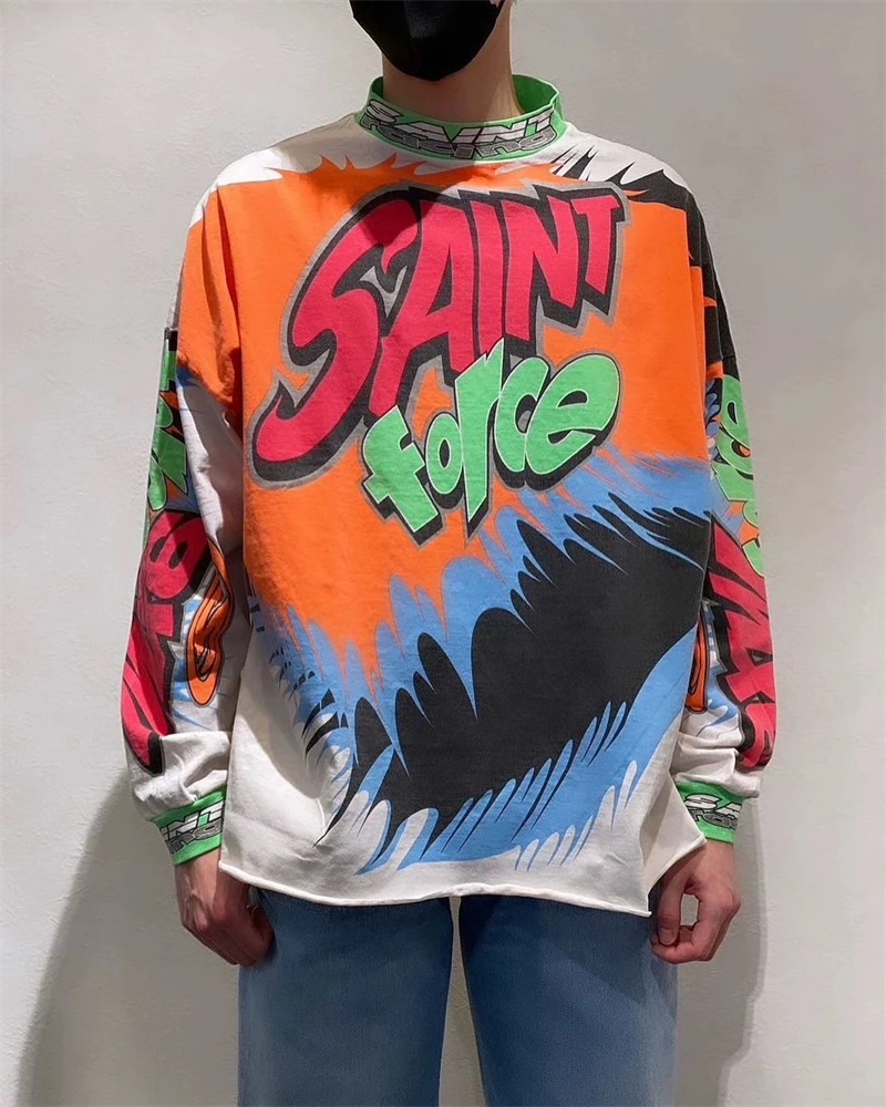 

Vintage Rock New Ins Japanese High Street Casual Loose Long sleeved Racing Style Vintage T-shirt Pure Cotton Rock Hip Hop Style